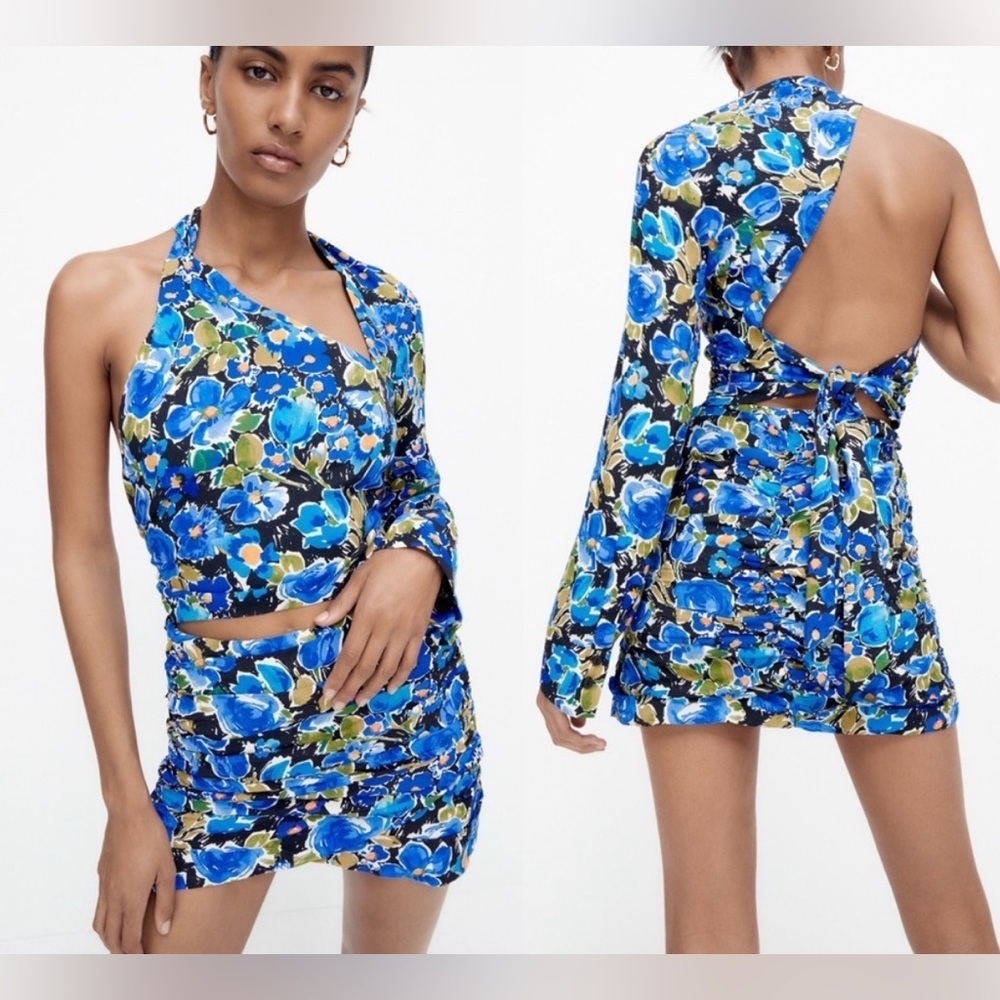 Zara blue floral mini skirt and top, XS